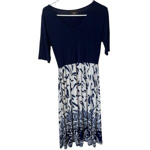 Amana M Navy Ivory Border Print Midi Dress V Neck Coastal Resort Botanical